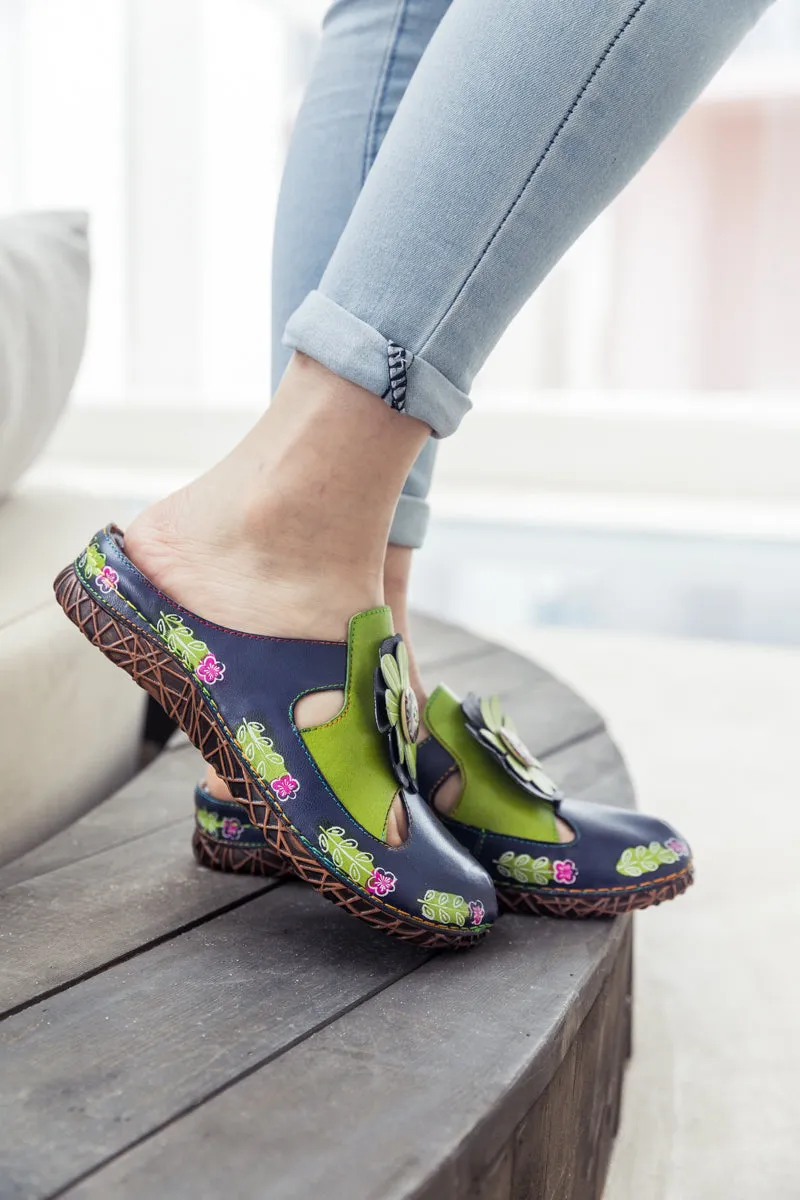 Floral Appliqued Cut-Out Leather Sandal - Navy
