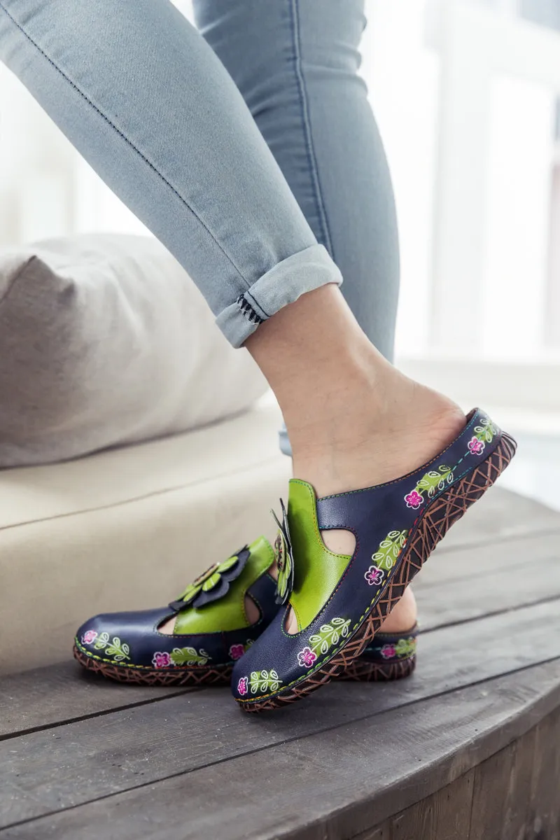 Floral Appliqued Cut-Out Leather Sandal - Navy