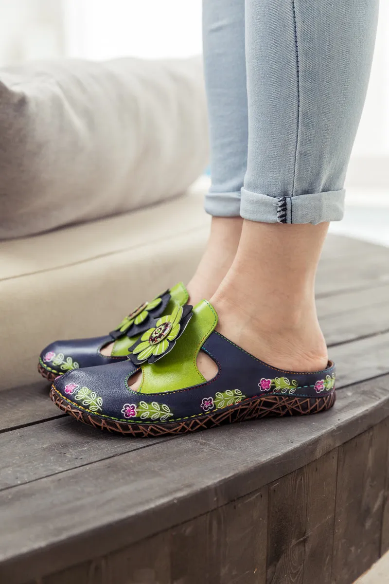 Floral Appliqued Cut-Out Leather Sandal - Navy