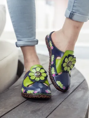 Floral Appliqued Cut-Out Leather Sandal - Navy