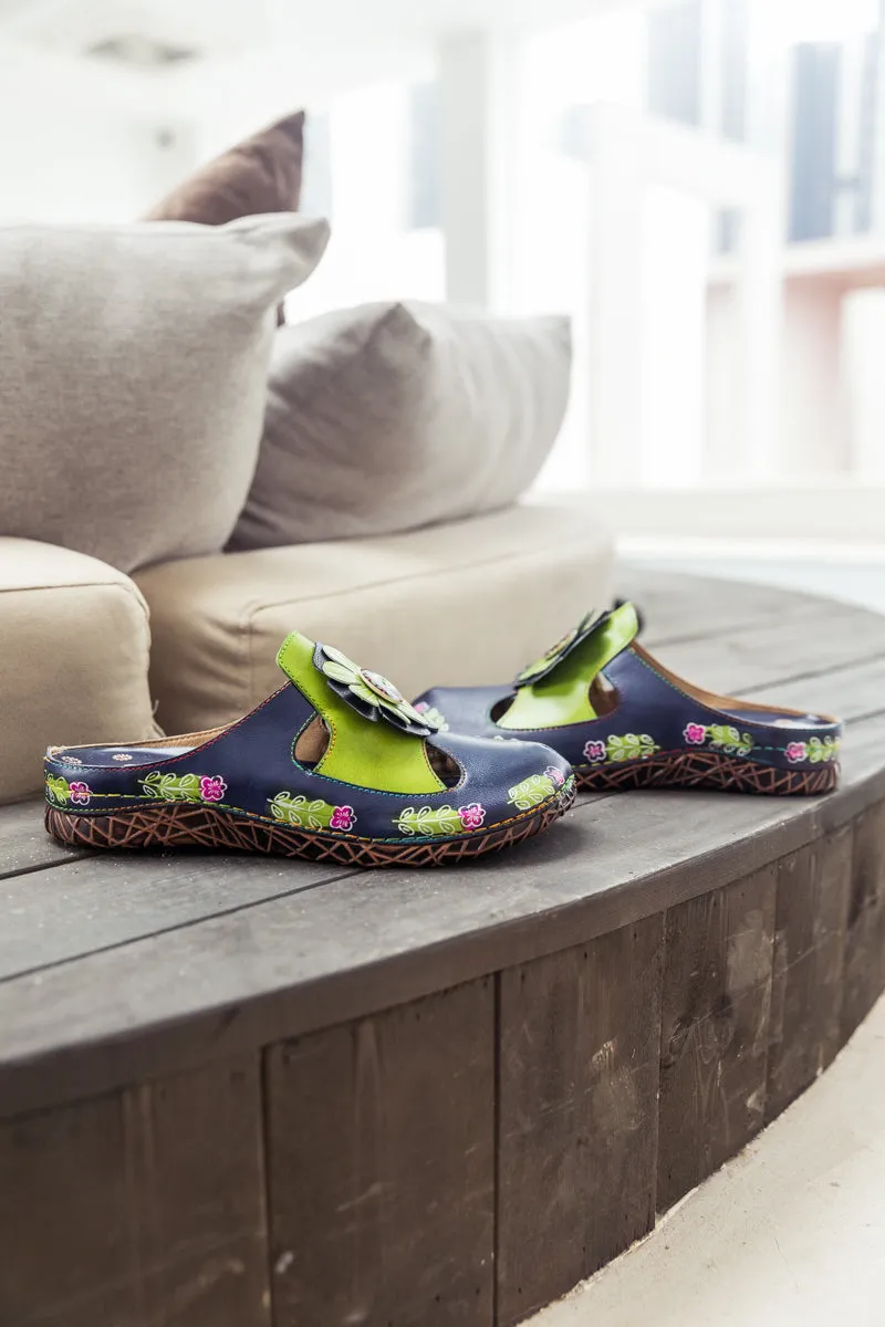 Floral Appliqued Cut-Out Leather Sandal - Navy