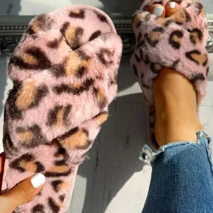 Fluffy Leopard Crisscross Flat Slippers