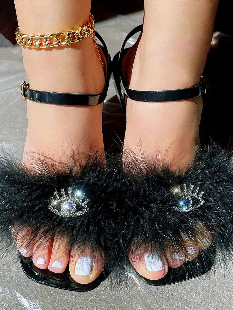 Furry Rhinestone Flat Sandal