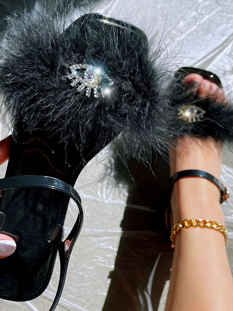Furry Rhinestone Flat Sandal