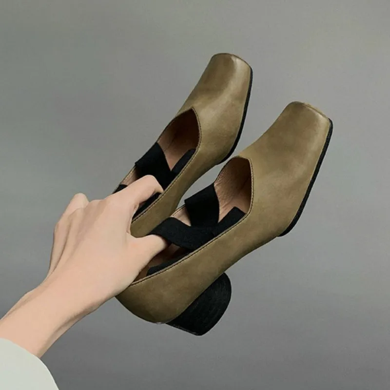 Genuine Leather Vintage Ballet Flats Square Toe Women's Shoes