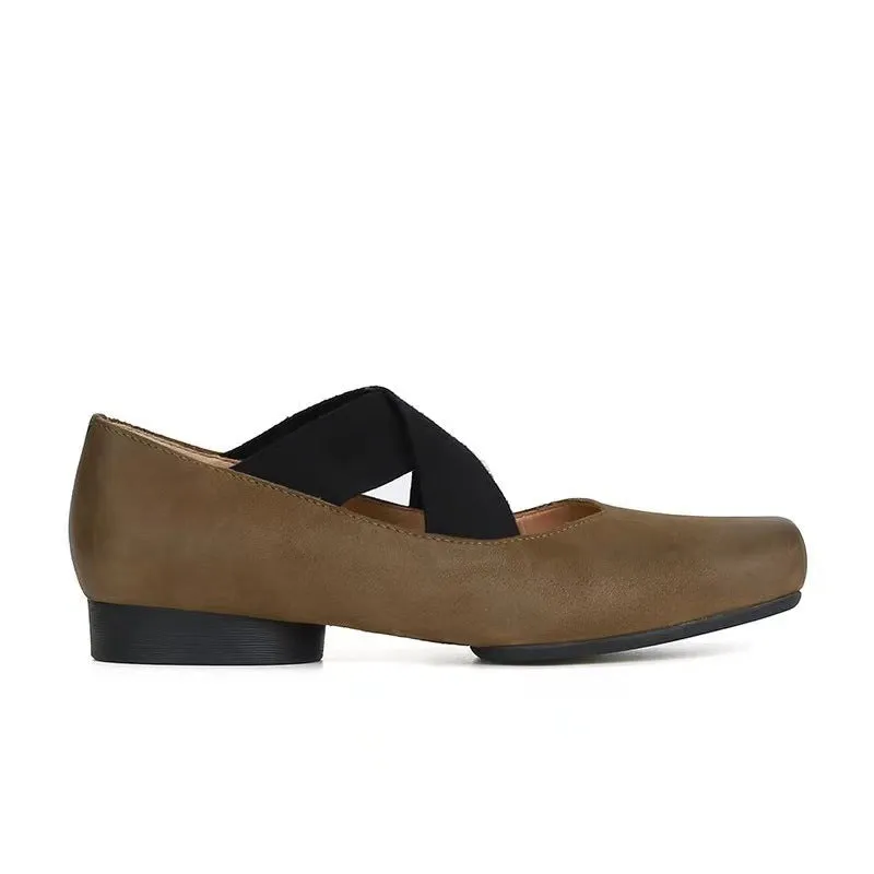 Genuine Leather Vintage Ballet Flats Square Toe Women's Shoes