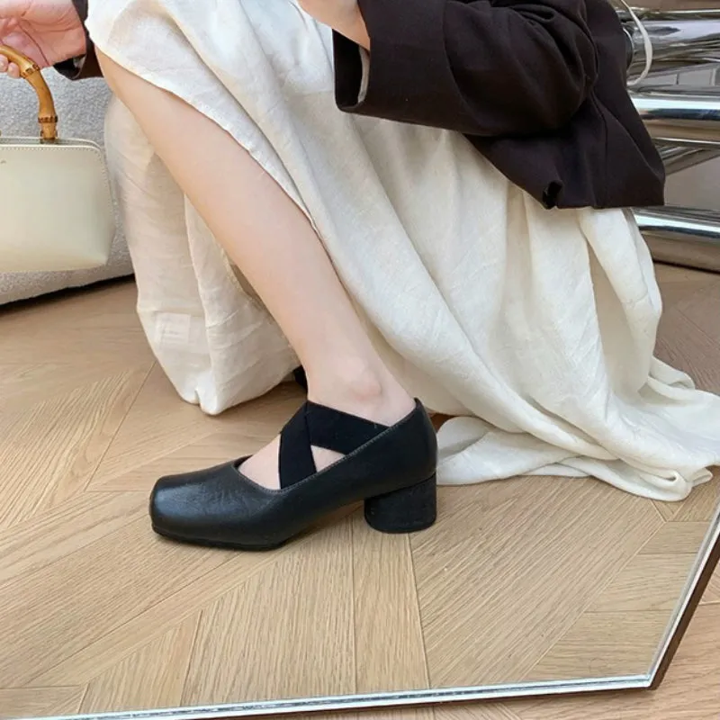 Genuine Leather Vintage Ballet Flats Square Toe Women's Shoes