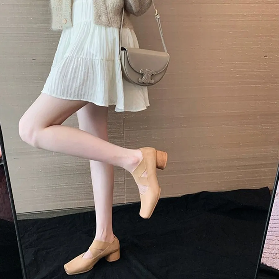 Genuine Leather Vintage Ballet Flats Square Toe Women's Shoes