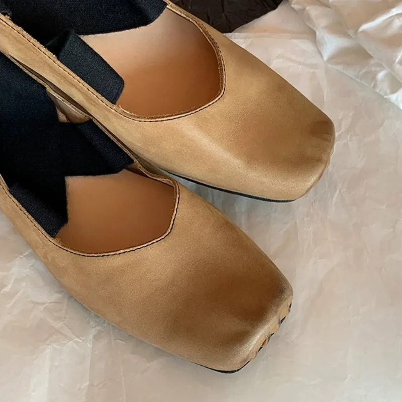Genuine Leather Vintage Ballet Flats Square Toe Women's Shoes