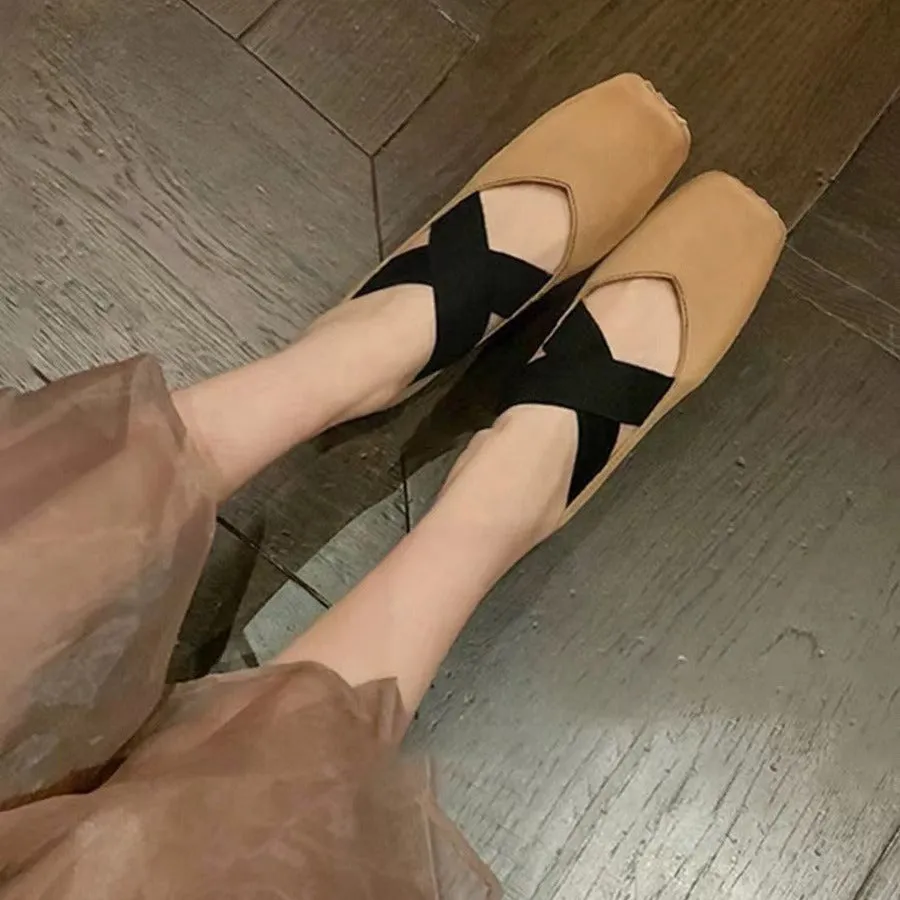 Genuine Leather Vintage Ballet Flats Square Toe Women's Shoes