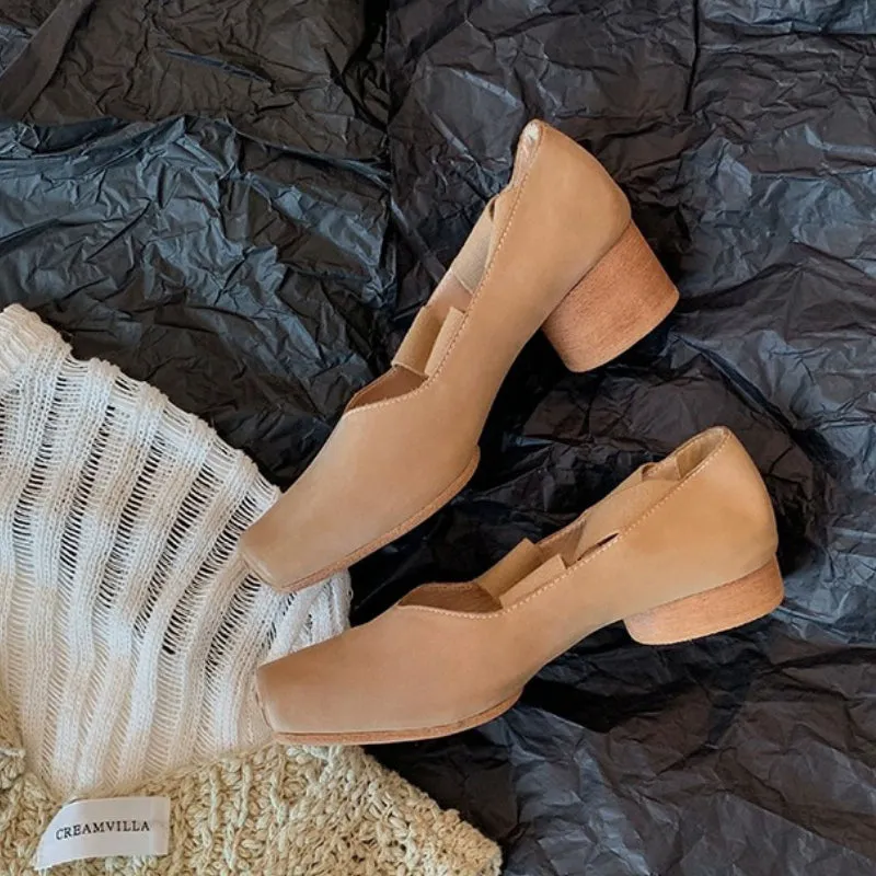 Genuine Leather Vintage Ballet Flats Square Toe Women's Shoes