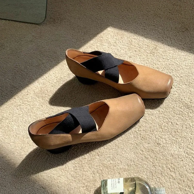 Genuine Leather Vintage Ballet Flats Square Toe Women's Shoes
