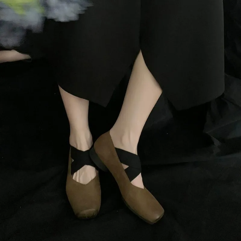 Genuine Leather Vintage Ballet Flats Square Toe Women's Shoes