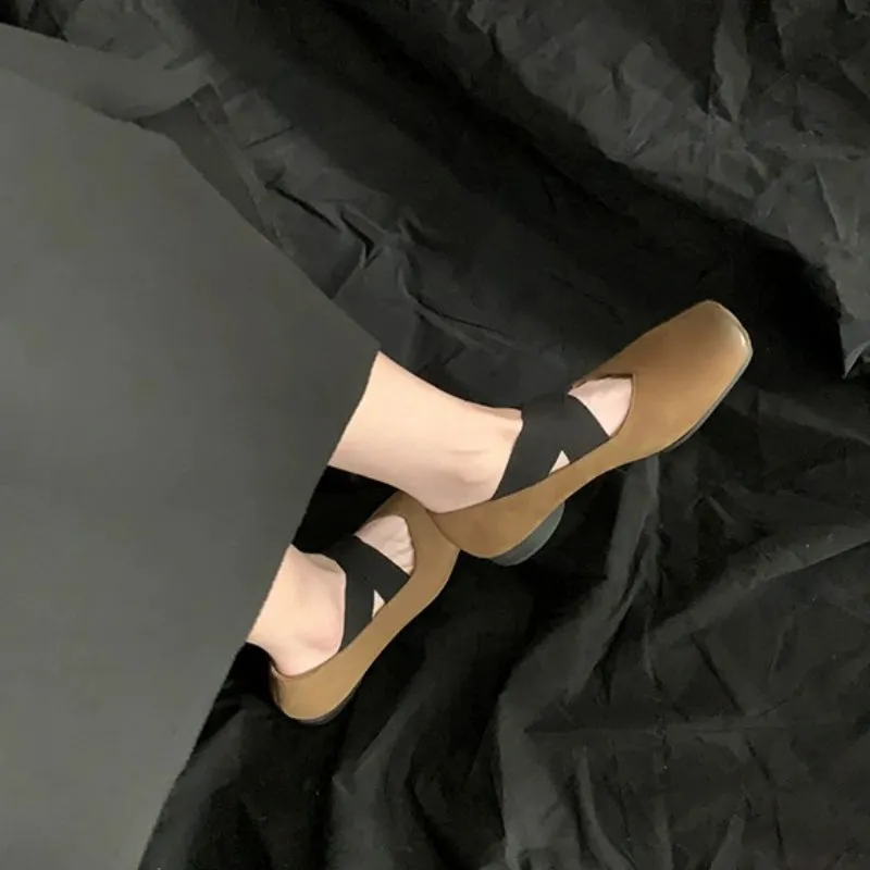 Genuine Leather Vintage Ballet Flats Square Toe Women's Shoes