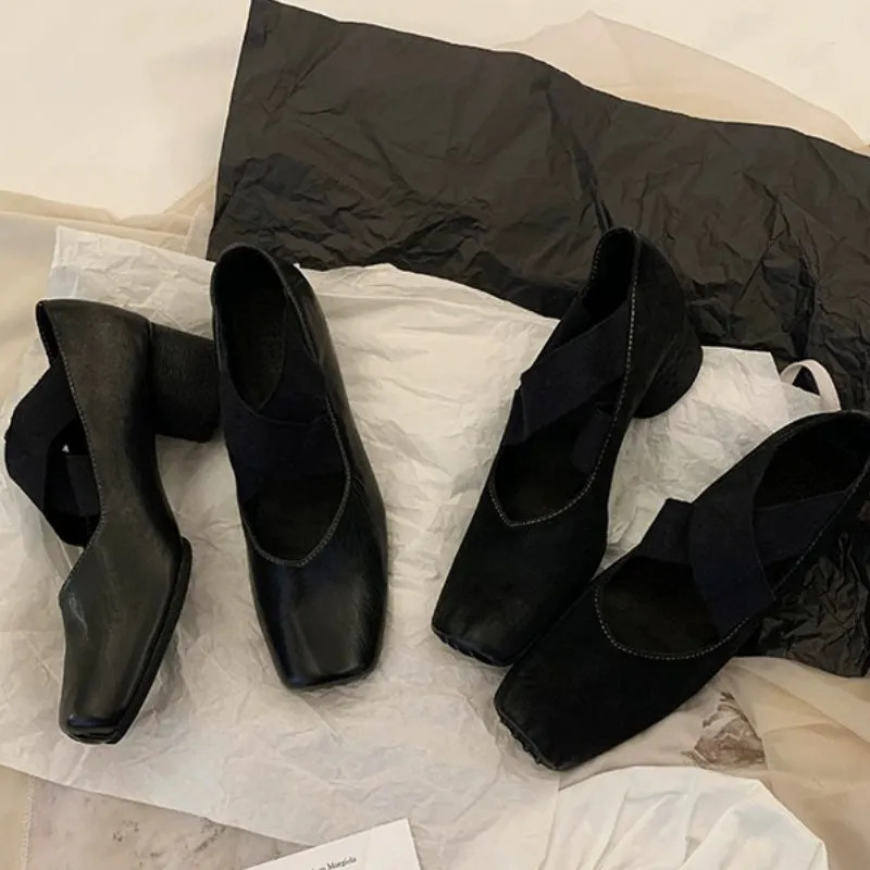 Genuine Leather Vintage Ballet Flats Square Toe Women's Shoes