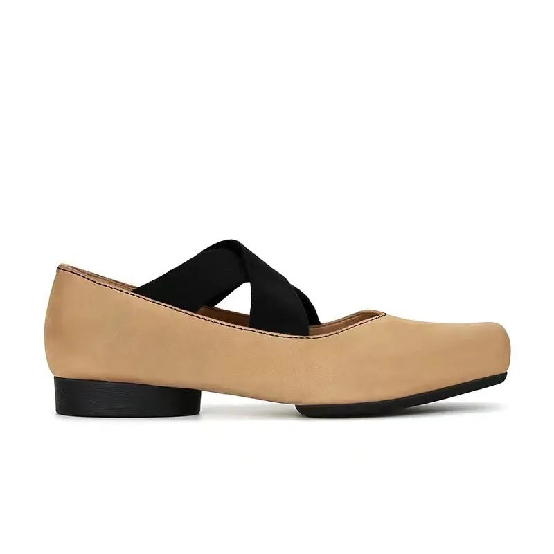 Genuine Leather Vintage Ballet Flats Square Toe Women's Shoes