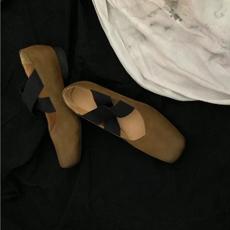 Genuine Leather Vintage Ballet Flats Square Toe Women's Shoes