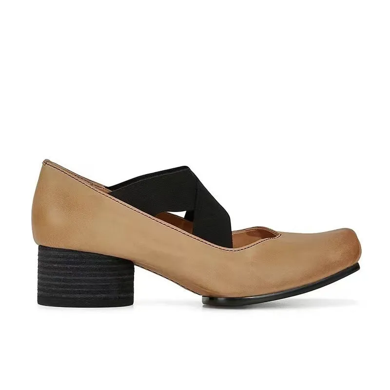 Genuine Leather Vintage Ballet Flats Square Toe Women's Shoes