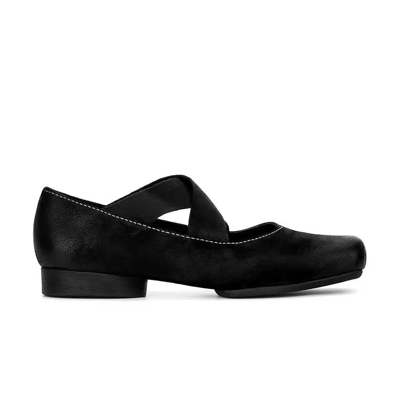 Genuine Leather Vintage Ballet Flats Square Toe Women's Shoes