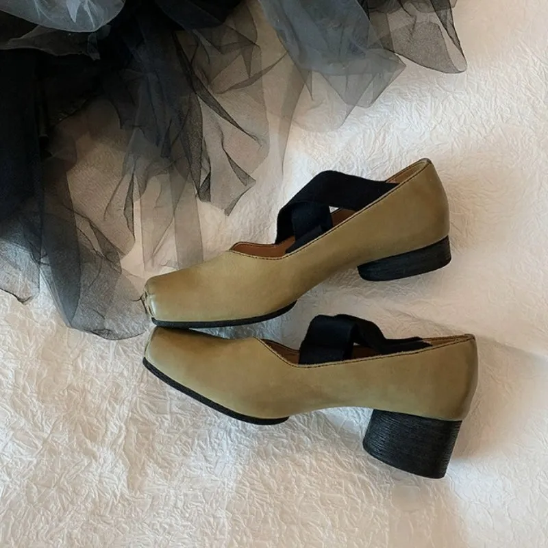 Genuine Leather Vintage Ballet Flats Square Toe Women's Shoes
