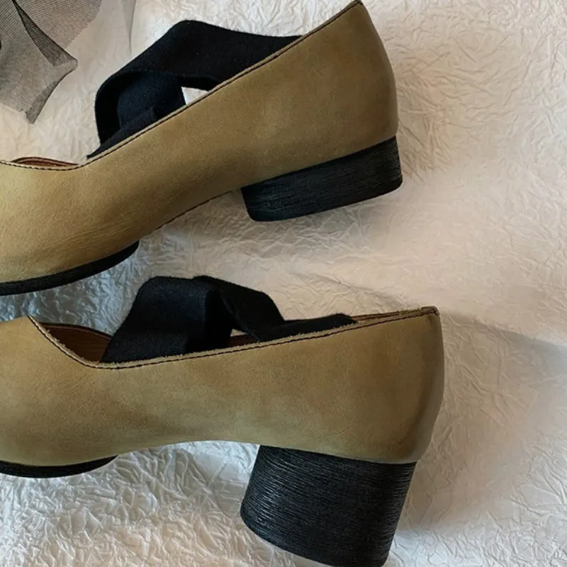 Genuine Leather Vintage Ballet Flats Square Toe Women's Shoes