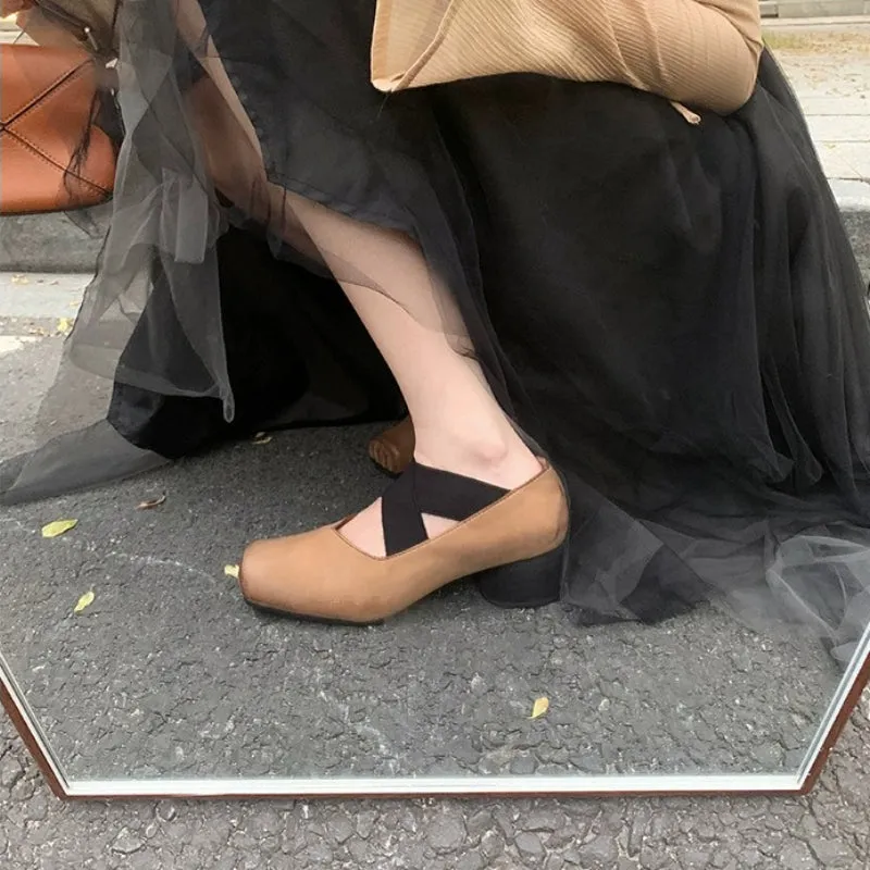 Genuine Leather Vintage Ballet Flats Square Toe Women's Shoes