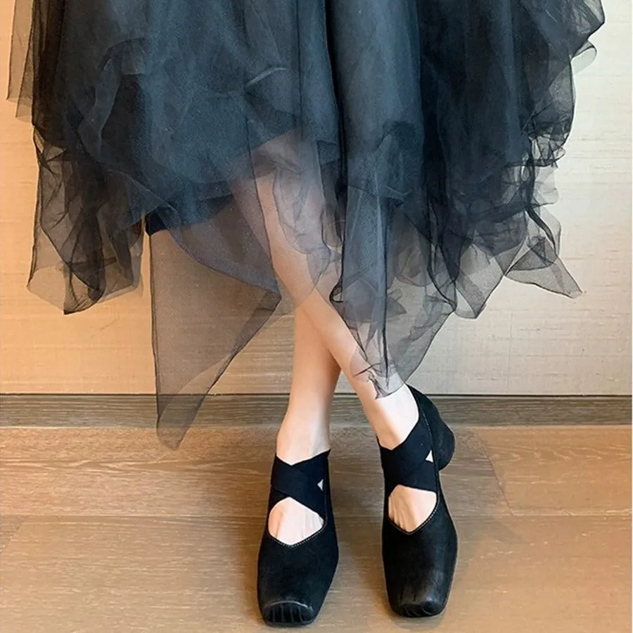 Genuine Leather Vintage Ballet Flats Square Toe Women's Shoes