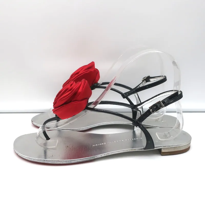 Giuseppe Zanotti Satin Rose Sandals Black Patent Leather Size 39 Flat Thong