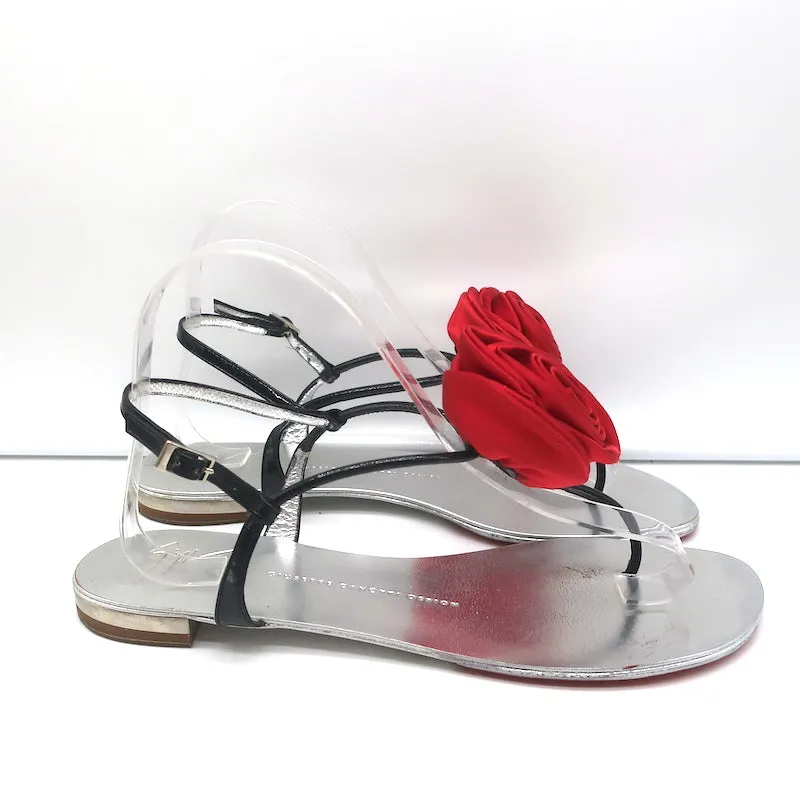 Giuseppe Zanotti Satin Rose Sandals Black Patent Leather Size 39 Flat Thong