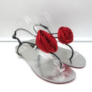 Giuseppe Zanotti Satin Rose Sandals Black Patent Leather Size 39 Flat Thong