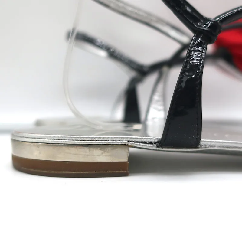 Giuseppe Zanotti Satin Rose Sandals Black Patent Leather Size 39 Flat Thong
