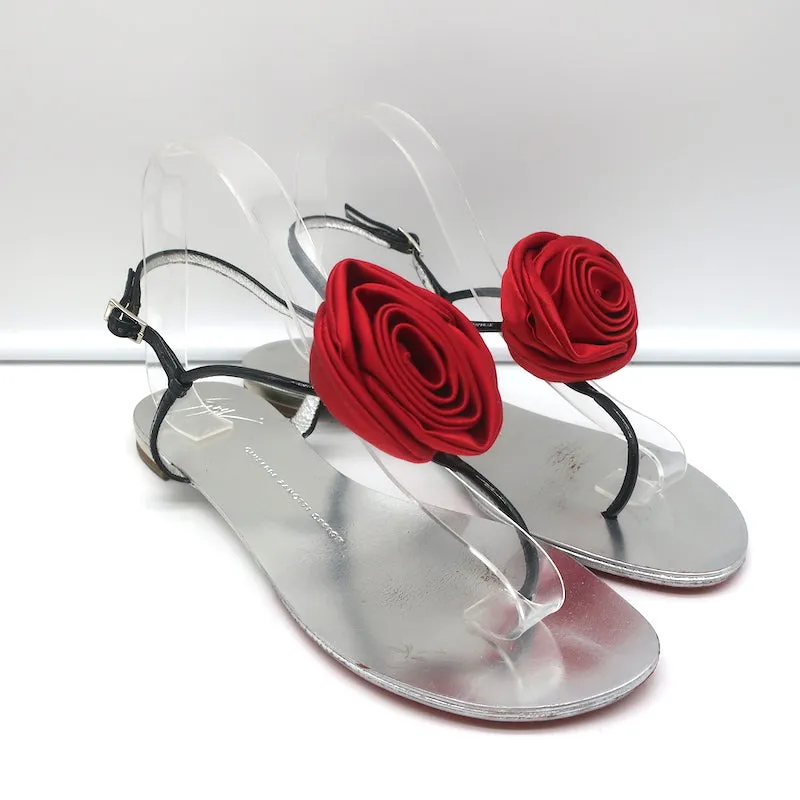 Giuseppe Zanotti Satin Rose Sandals Black Patent Leather Size 39 Flat Thong