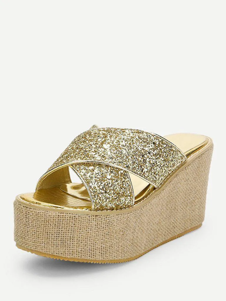 Glitter Criss Cross Design Wedge Sandals