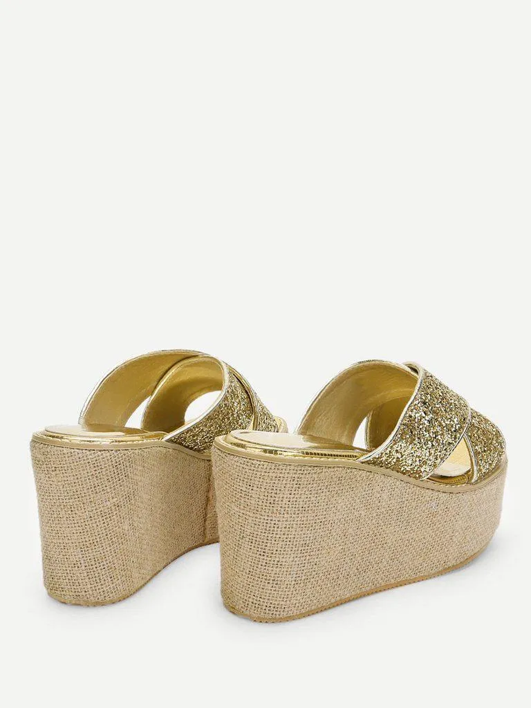 Glitter Criss Cross Design Wedge Sandals