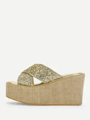 Glitter Criss Cross Design Wedge Sandals
