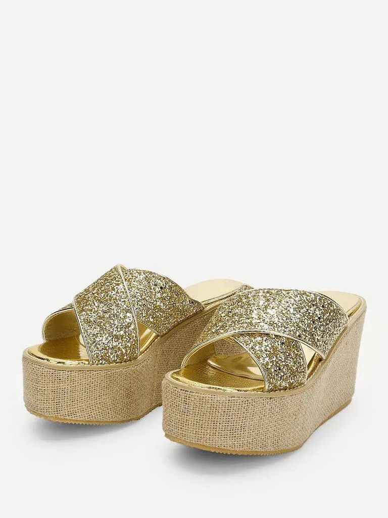 Glitter Criss Cross Design Wedge Sandals