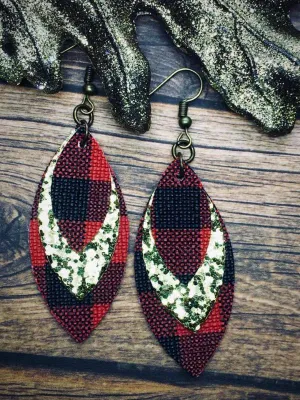 Gold Glitter Canvas Buffalo Plaid Leather Triple Stacked Leaf Earrings