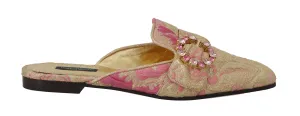 Gold Pink Brocade Crystal Floral Mules