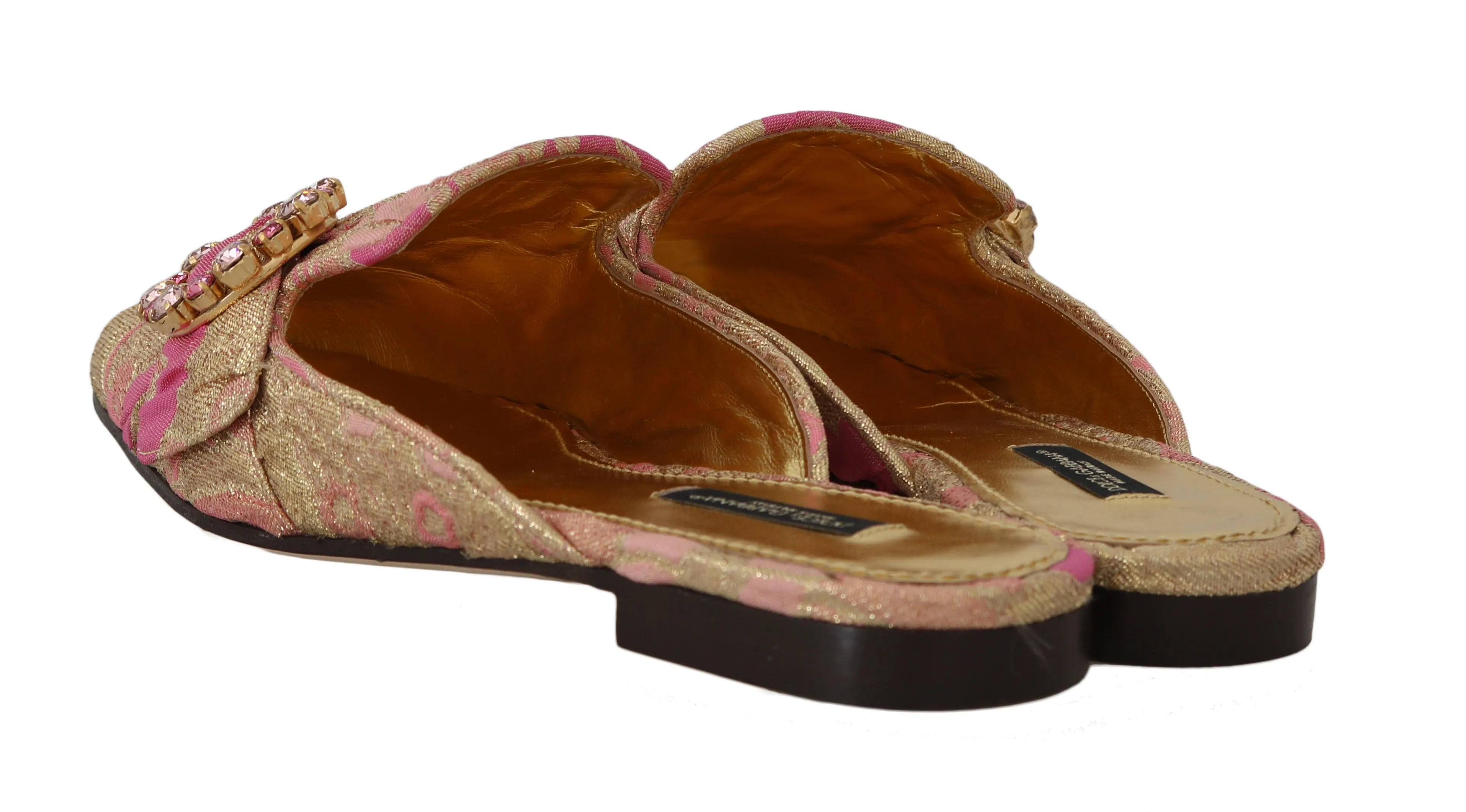 Gold Pink Brocade Crystal Floral Mules
