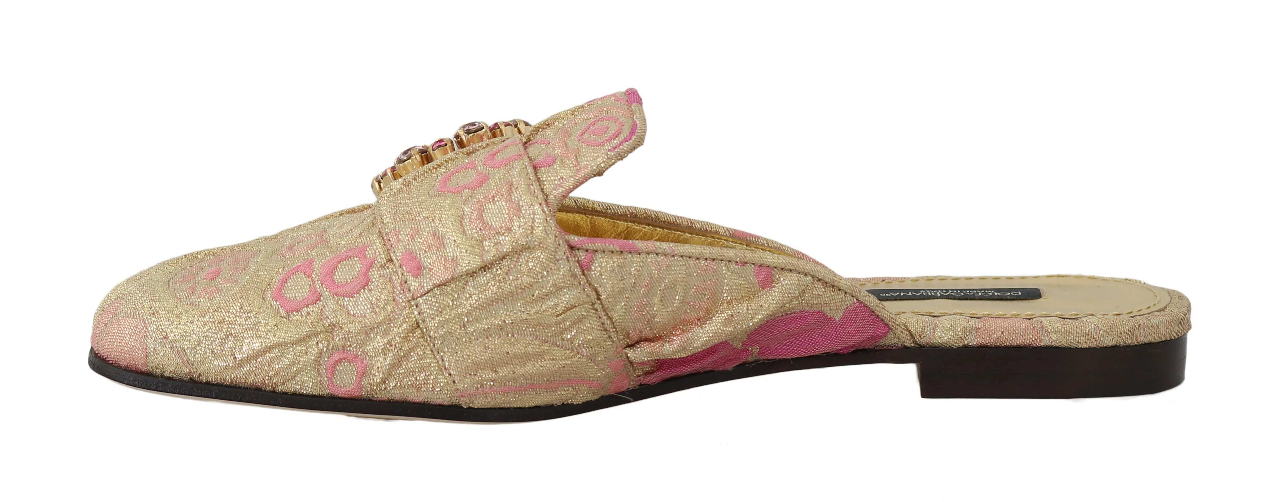 Gold Pink Brocade Crystal Floral Mules