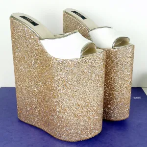 Gold White 11 inches High Heel  Wedge Mules