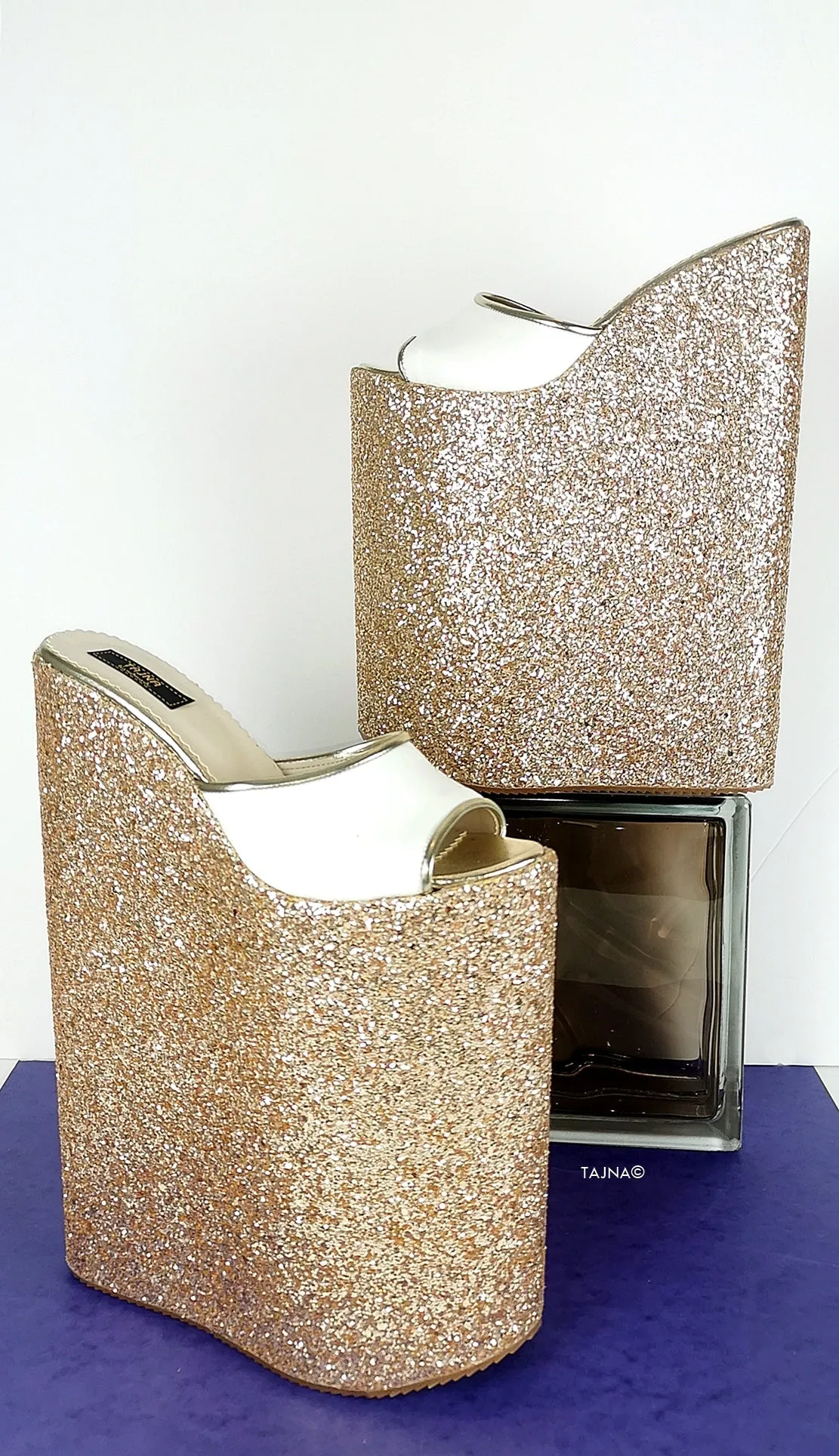 Gold White 11 inches High Heel  Wedge Mules
