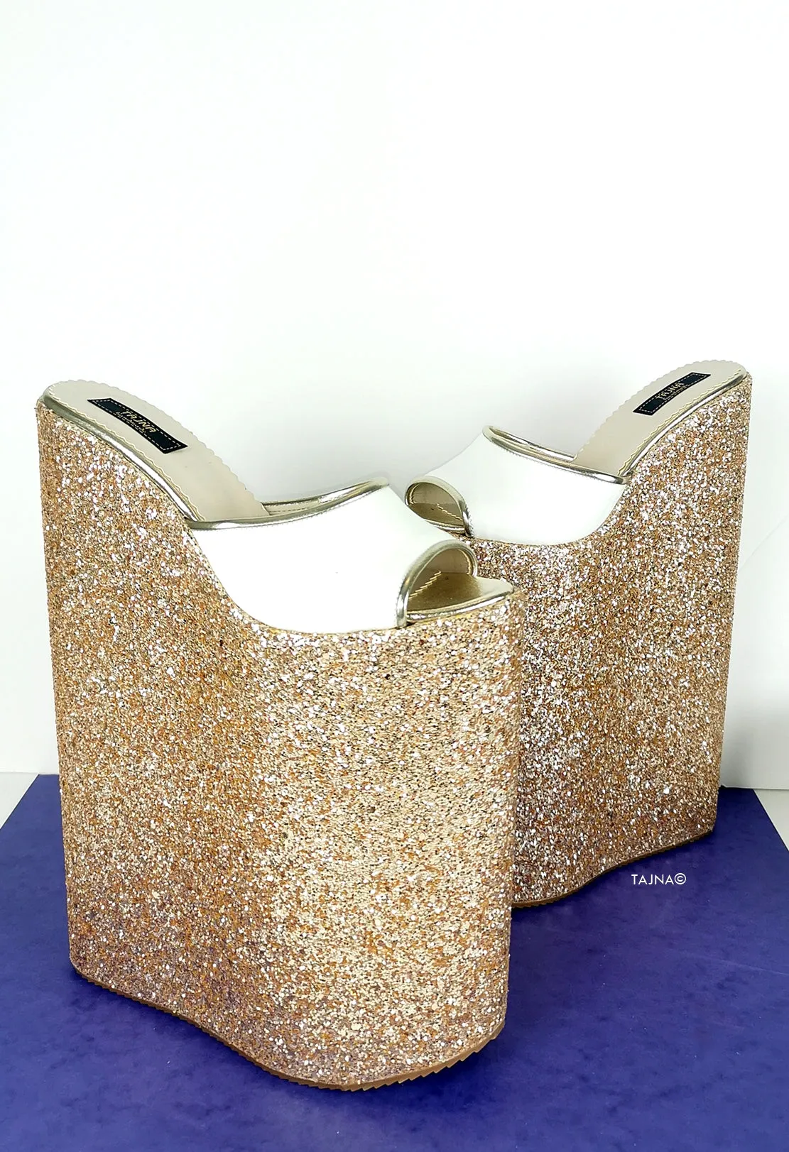 Gold White 11 inches High Heel  Wedge Mules