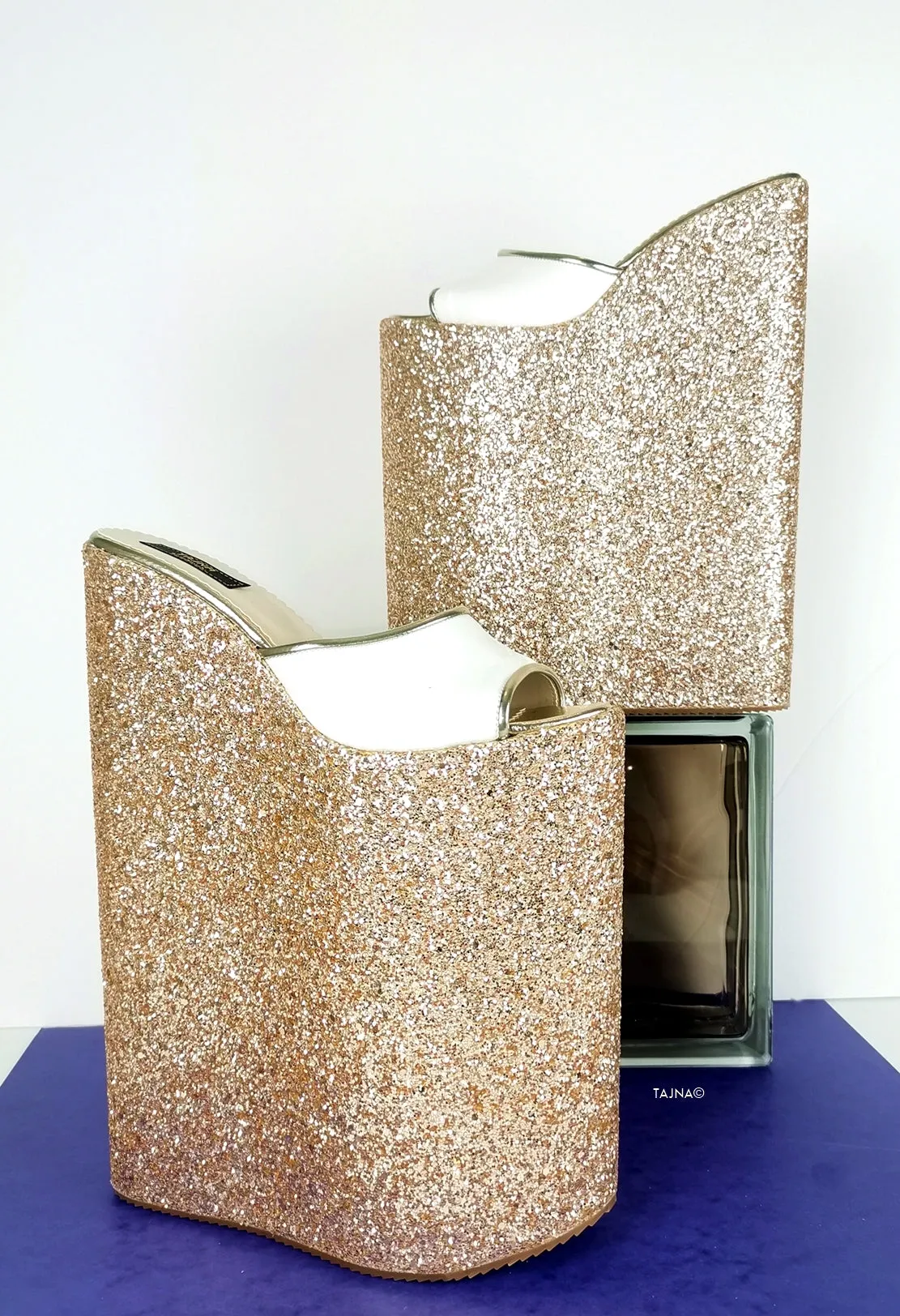 Gold White 11 inches High Heel  Wedge Mules
