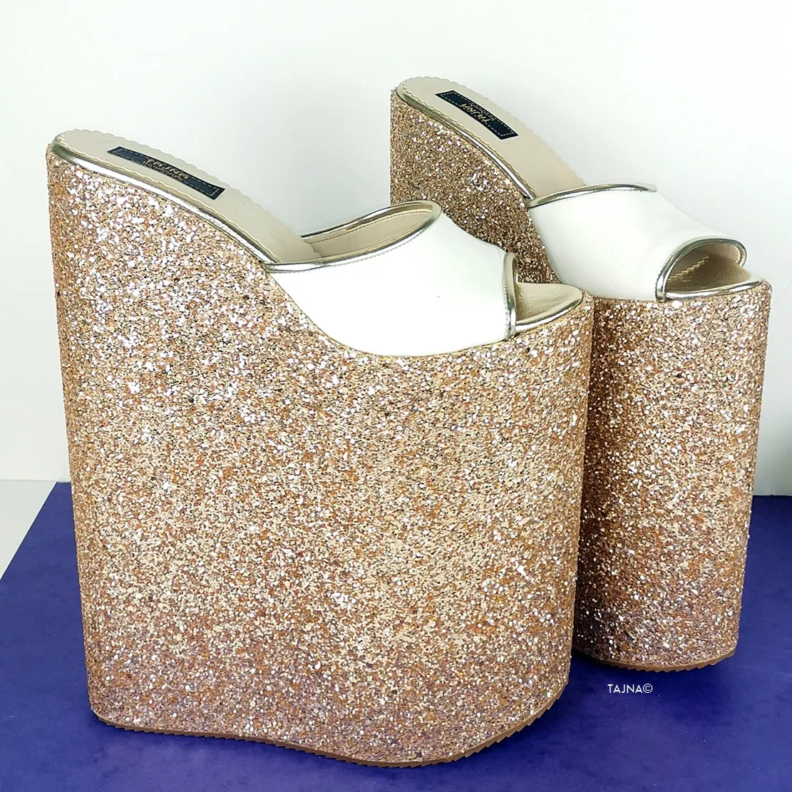Gold White 11 inches High Heel  Wedge Mules