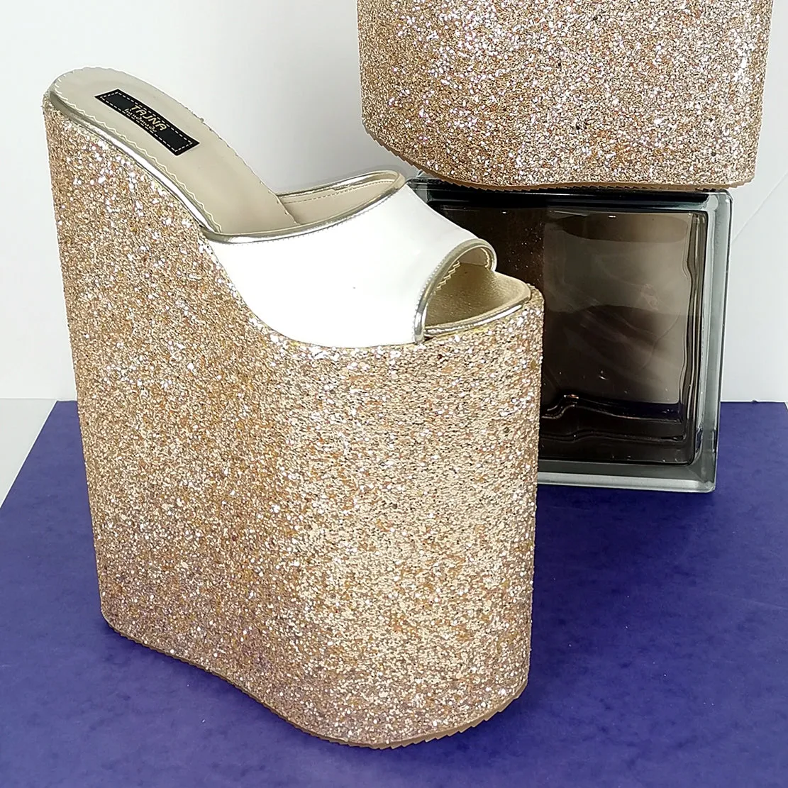 Gold White 11 inches High Heel  Wedge Mules