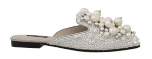 Gray Satin Leather Pearl Lace Mules