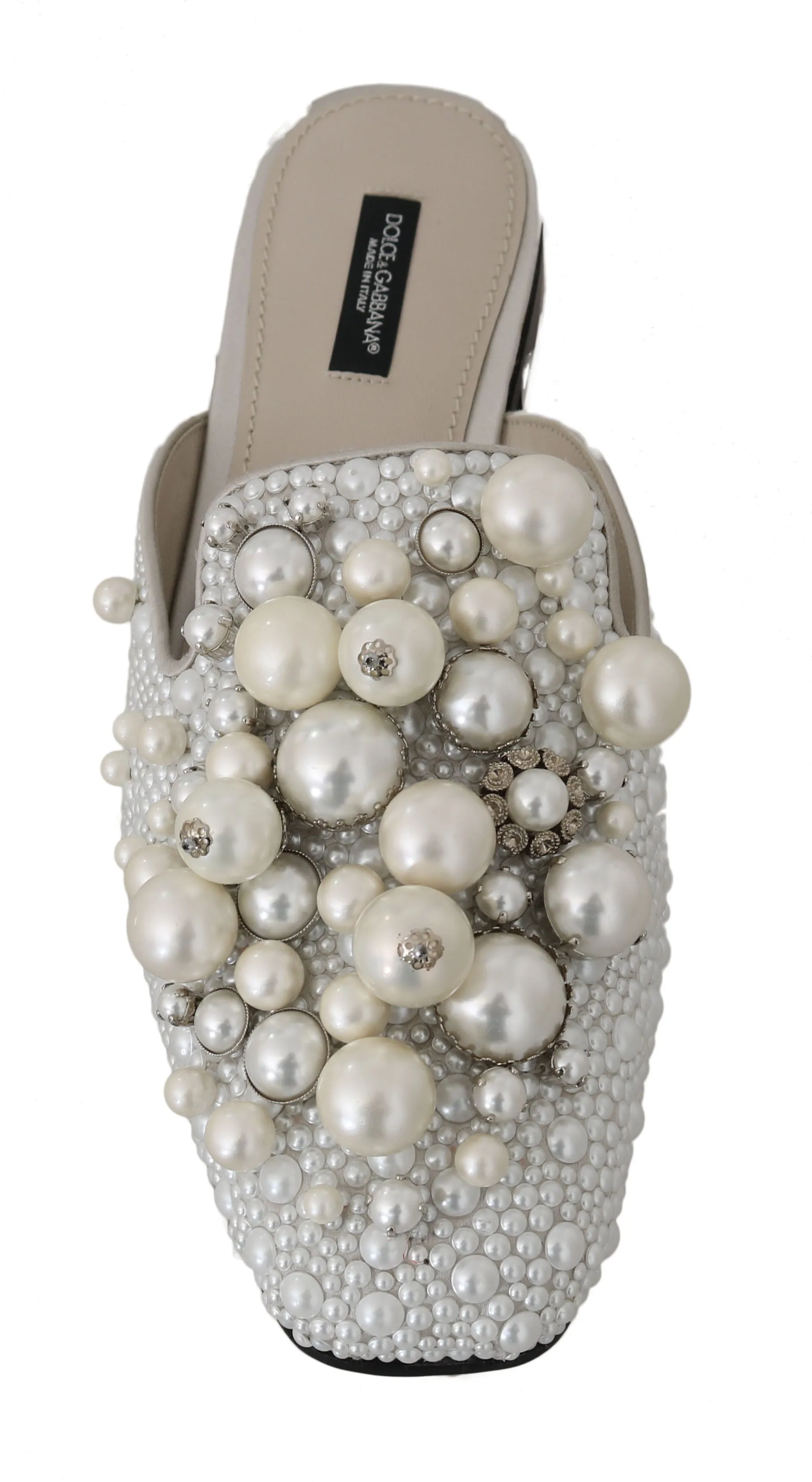 Gray Satin Leather Pearl Lace Mules