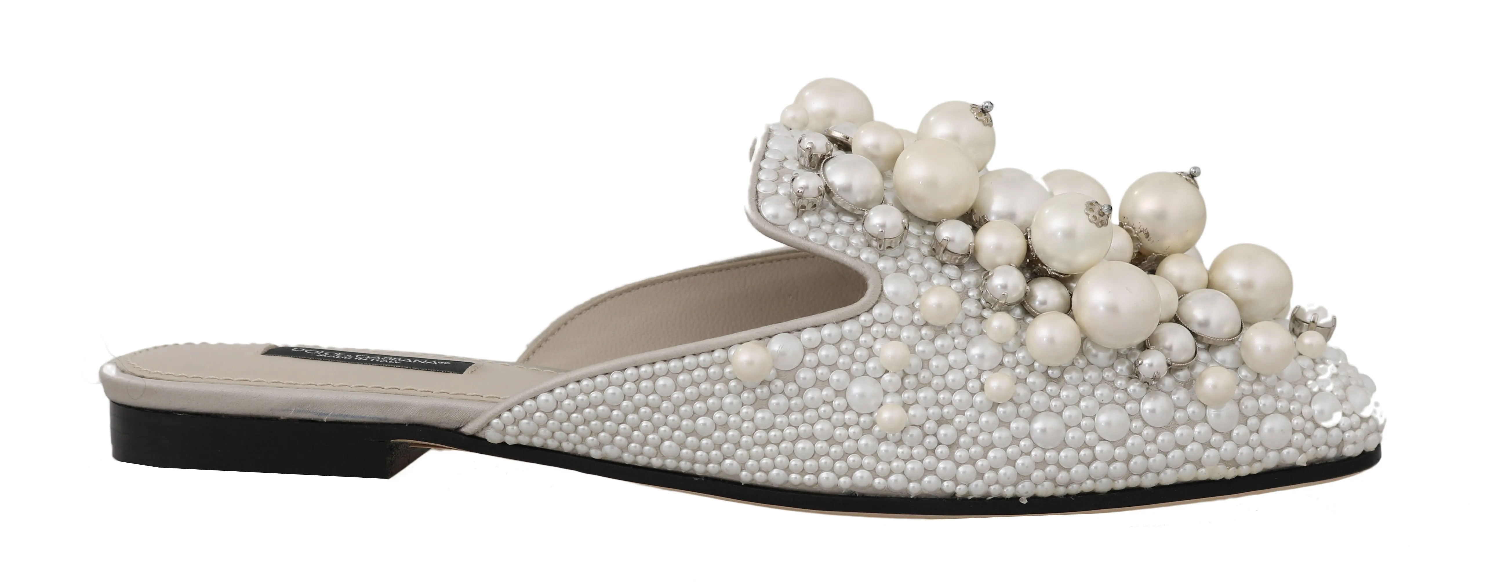 Gray Satin Leather Pearl Lace Mules