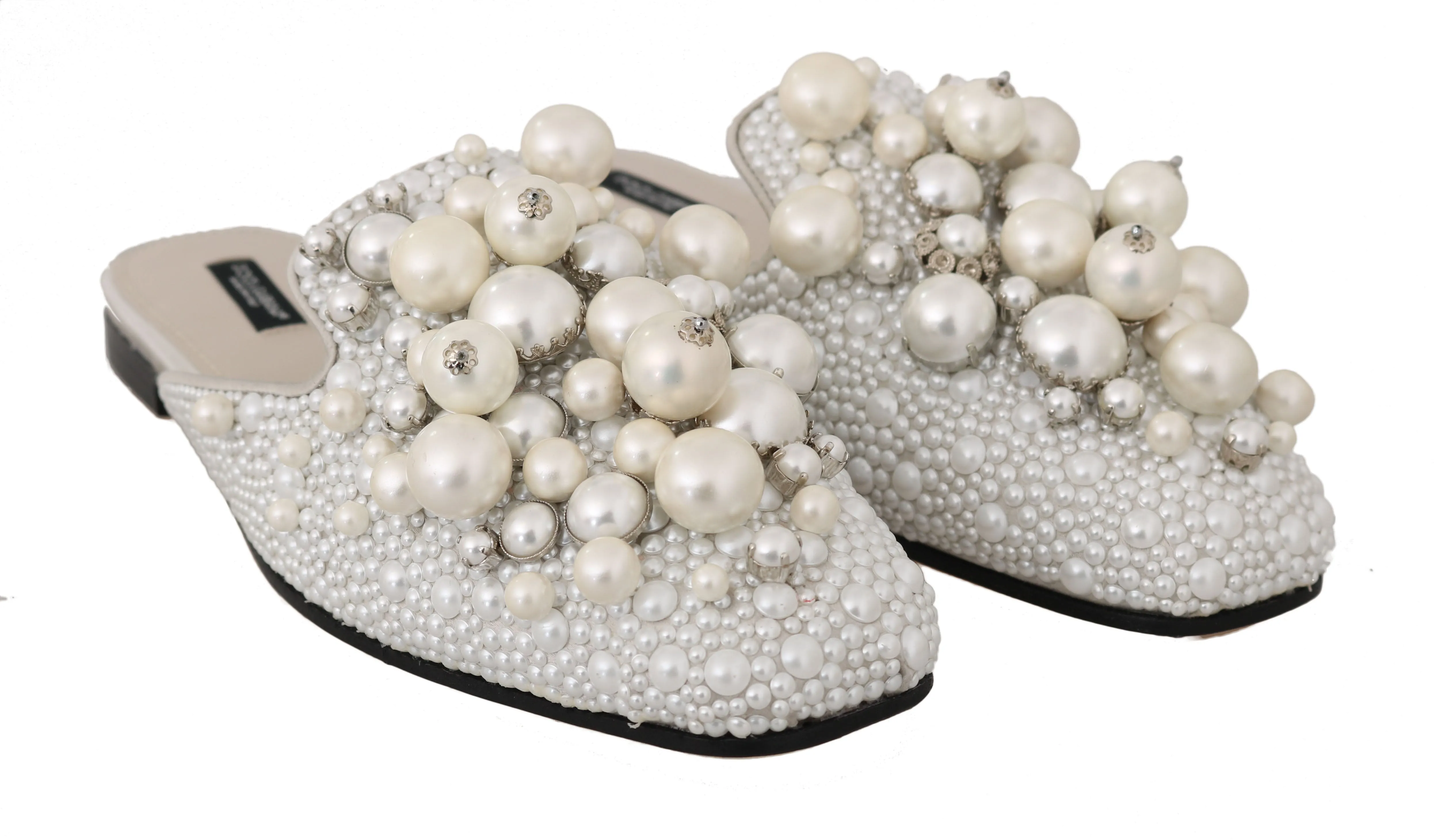 Gray Satin Leather Pearl Lace Mules